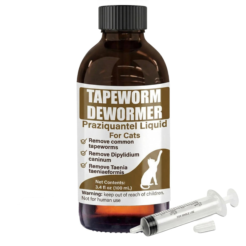 Tapeworm Dewormer for Cats & Kittens – Praziquantel Liquid 100 mL for Cats 6 Weeks & Older, Include 3 ml Dropper with Cap
