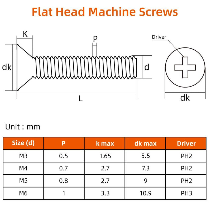 M3 x 12mm Flat Countersunk Head Machine Screws, Cross Screw, 304 Stainless Steel 18-8, Black Finish, 50 PCS M3 x 12mm