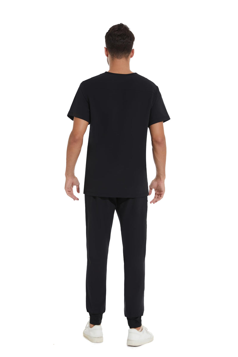 COZYFIT Men Scrubs Set — Stretch V-Neck Scrub Top & Jogger Pant with 8 Pockets, Yoga Waistband, Anti-Wrinkle Scrubs for Men Black Large
