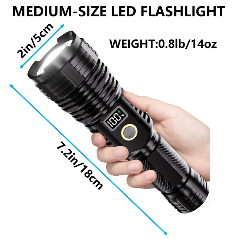 Flashlights High Lumens Rechargeable, 990000LM LED Super Bright Flash Light, Zoomable Linternas with LCD Digital Display, 5 Modes, Waterproof, Powerful Tactical Flashlight for Emergencies Camping Gift Black