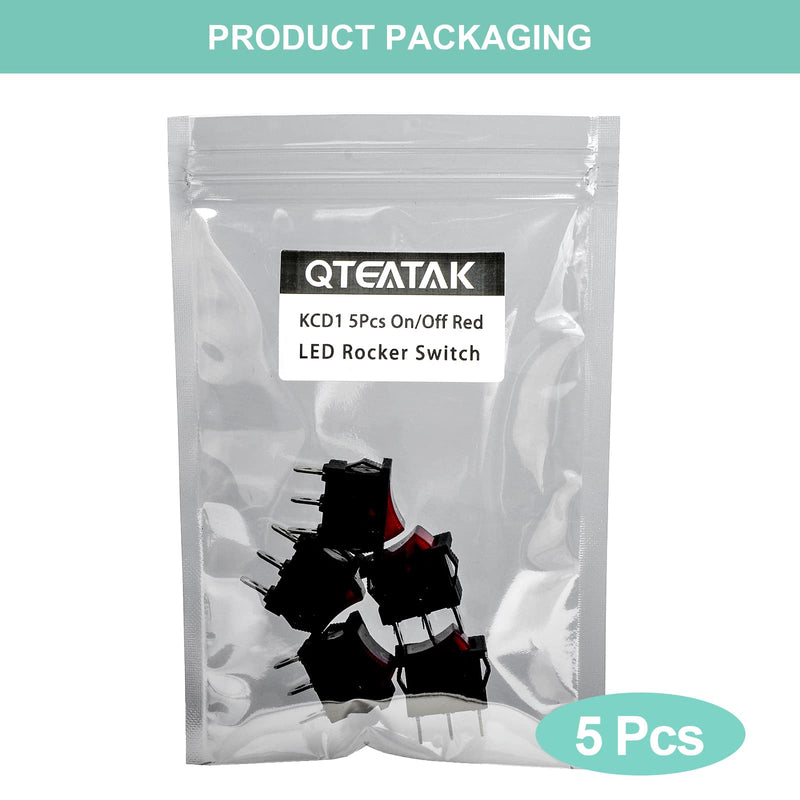 QTEATAK KCD1 SPST On/Off 3-Pin 2-Position Snap DC 12V-24V 20A Red LED Boat Rocker Toggle Switch - 5Pack (Only for DC12-24V)