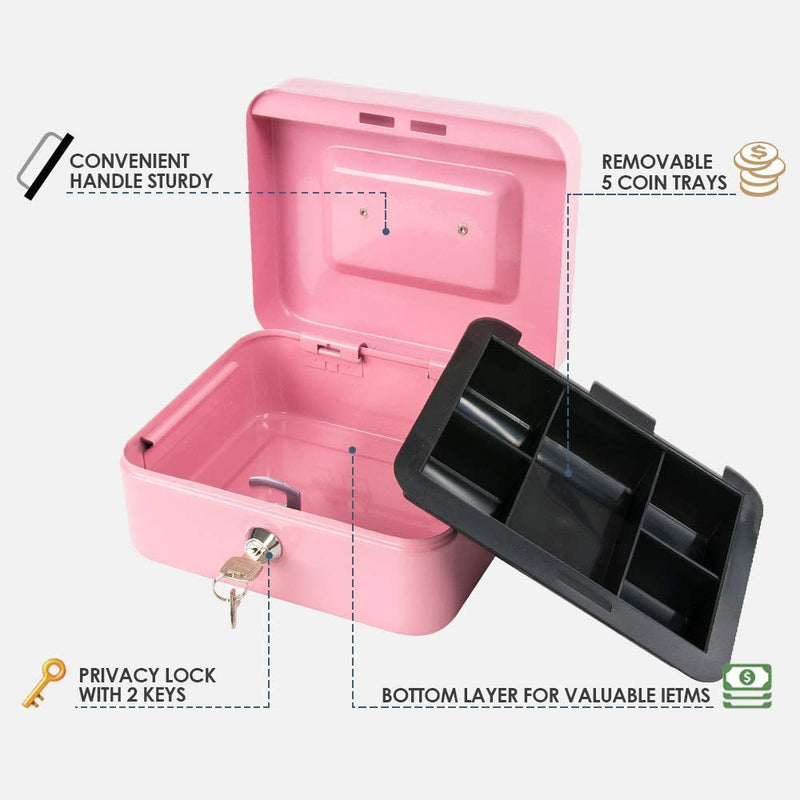 xydled Locking Steel Medium Cash Box with Removable Coin Tray and Key Lock,7.87"x 6.30"x 3.54",Pink Pink