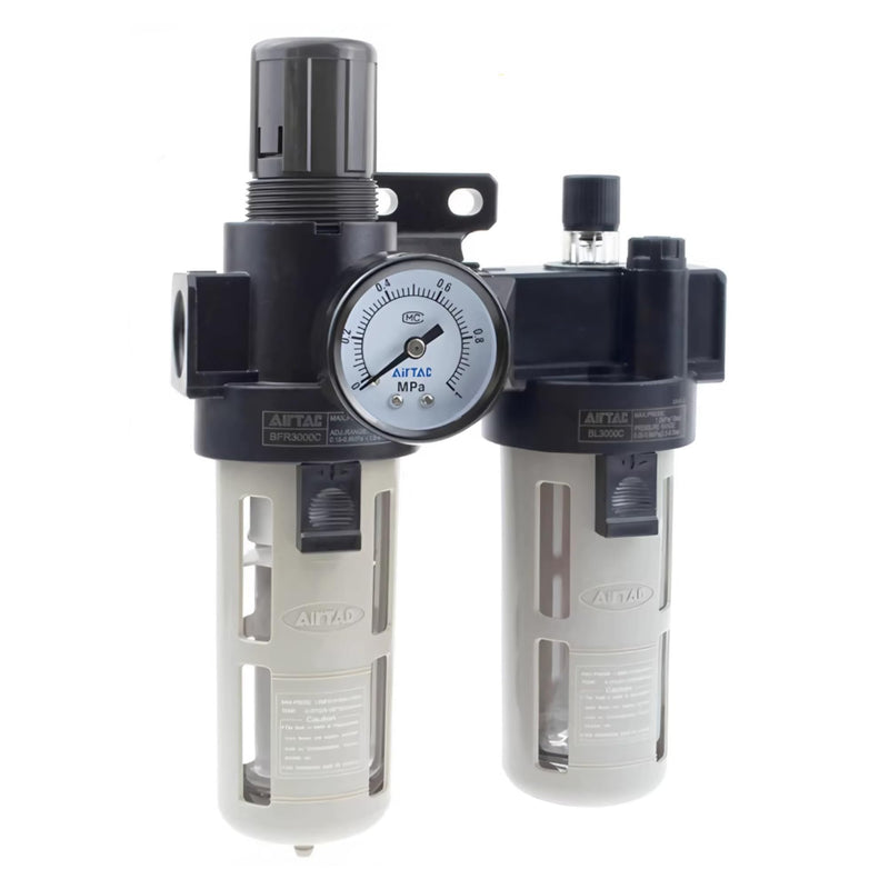 Compressed Air Filter Regulator Lubricator Combo Airtac BFC3000-C 3/8''NPT 0-140 PSI with Pressure Gauge Semi-Auto Drain 3 in 1 Two FR.L Unit BFC3000C 3/8'' NPT