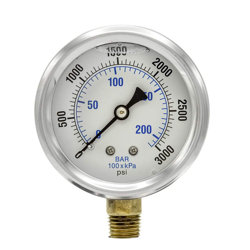 PIC Gauges PRO-201L-254P 0-3000 PSI Pressure Gauge, 2 1/2" Dial, 1/4" Male NPT Connection,Bottom Mount,Dual Scale,Glycerin Filled,Stainless Steel Case/Bezel, Brass Internals & Plastic Lens(Pack of 2)