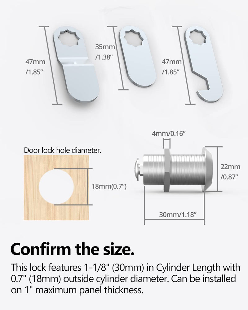 8 Packs Drawer and Cabinet Locks (Keyed Different) Secure Important Files, 1-1/8Inch 30mm Cam Locks with 3 pcs Different Lock Plates for Cabinet Cupboard File Drawer Mailbox Dresser Kitchen 30 mm