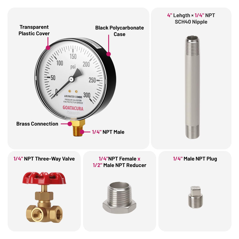 Air/Water Pressure Gauge Kit, 0 to 300psi Pressure Guage, 3-Way Valve, Stainless Steel Nipple, Plug and Reducer, for Fire Protection Service 0-300psi&3-Way Valve&Pipe Fittings