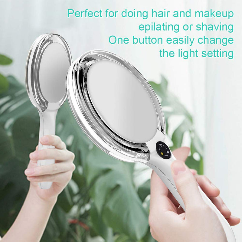Starlite Handheld Rechargeable Lighted Makeup Mirror with Stand, 1X/5X Magnification, Dual Sided & Vanity Mirror with Bright and Warm Light, Cordless Rechargeable Mirror (White Colour) 10.5"L x 4.1"W