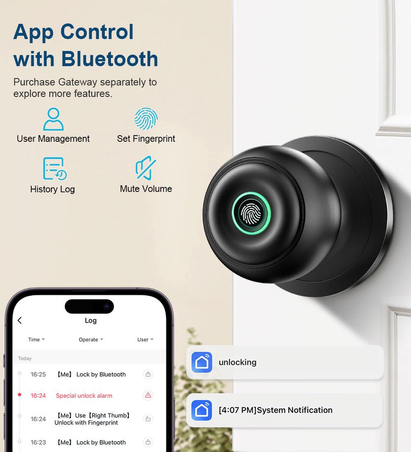 Fingerprint Door Lock, Smart Fingerprint Door Knob with Lock, Biometric Door knob with App Control & Key, Keyless Thumbprint Entry Door Lock for Bedroom, Front Door, Home, Apartment Office-Matte Black With APP-Matte Black