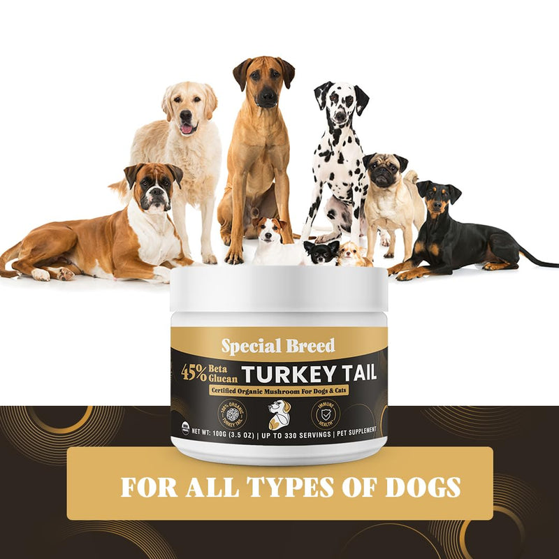 Organic Turkey Tail Mushroom for Dogs and Cats, 45% Beta Glucan Standardized, Hot Water Extracted Whole Fruiting Body, Third Party Tested, Immune and Gut Support, No Fillers, Made in USA, 330 ct 3.5oz