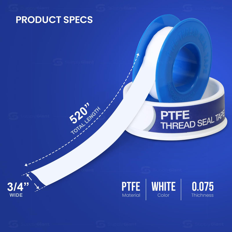 Plumbers PTFE Tape 3/4" W x 520" L Pipe Thread Tape, High Density Thread Sealant Tape Water Seal Plumbing Tape for Shower Head, Pipes, Gas Lines, Leak Prevention 520" Pack of 1