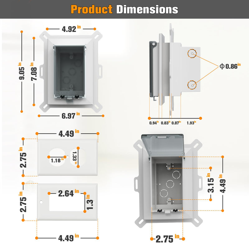 Recessed Outlet Box, DBVS1C-1 Low Profile Electrical Outlet Box, Wall Plate Kit for New Vinyl Siding, Enclosed Weatherproof Outlet Box with Duplex & Decorator Style Covers, 1-Gang, Vertical, Clear Vertical; 1-Gang