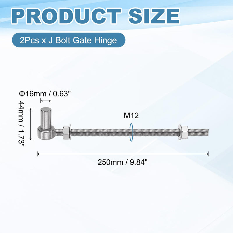 uxcell 2Pcs J Bolt Gate Hinge, M12 x 10" 304 Stainless Steel Gate Hinges Bolt, J-Bolt Post Hinge with Washers and Nuts for Chain Link Fence, Wooden Fence, Driveway, Farm Garden Door M12 x 10" 2