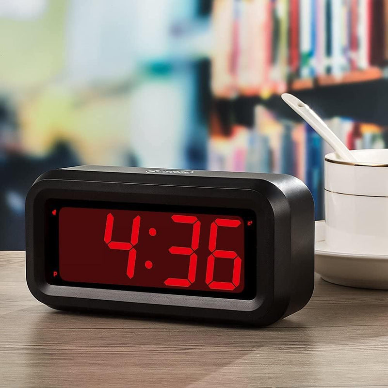 Alarm Clock, LED Digital Clock, Small Wall Clock, Battery Operated, Adjustable 3-Level Led Brightness, Dim Night Mode, 12/24Hr, Cordless, Constantly 1.2'' Digits Display for Bedroom/Travel,Easy to Set Black Case-red Led