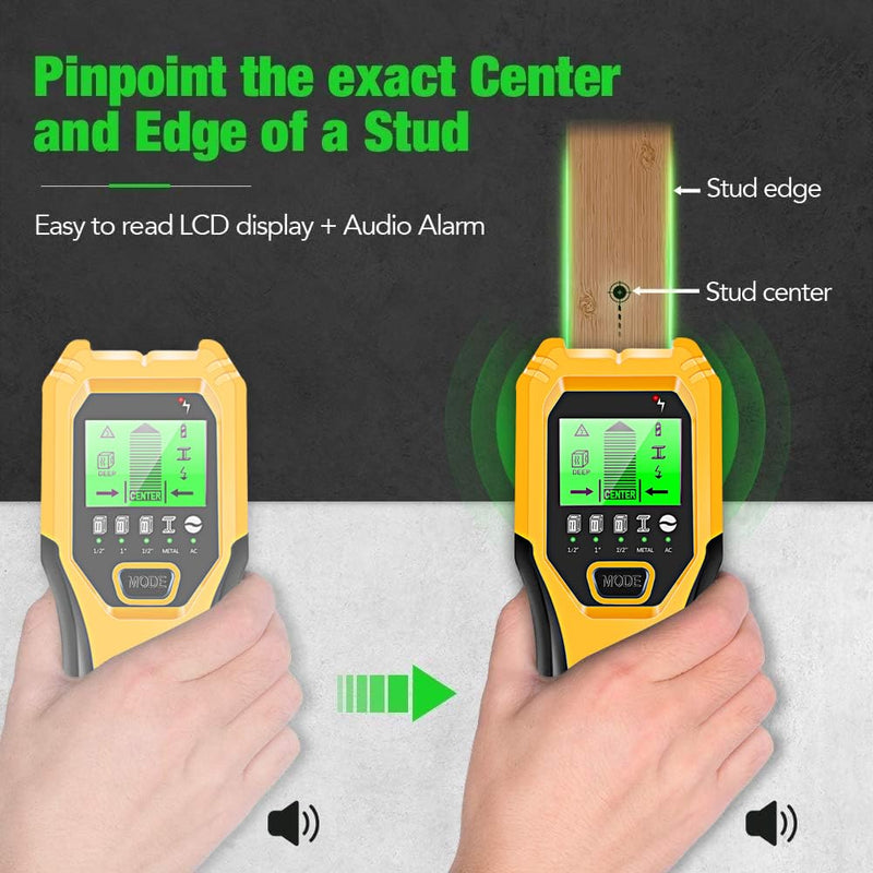 Stud Finder Wall Scanner 5 in 1 Multifunctional Upgraded Smart Wall Scanner, Stud Sensor Beam Detector with Battery for Wood Metal and AC Wire Detection, Comes with HD LCD Display and Audio Alarm Yellow
