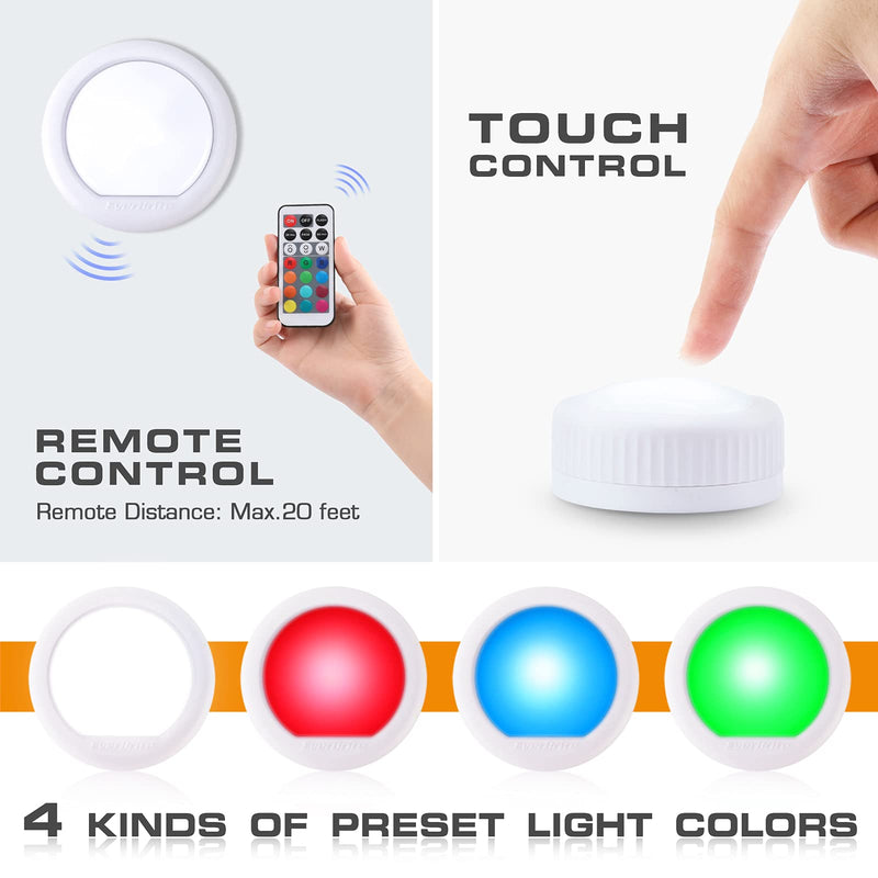 EverBrite Tap Light, Push Light, LED Puck Lights with 12 RGB Colors, Wireless Touch Light Under Cabinet, 80 Lumens Night Light for Closet, Bedroom, Wall, Classroom, 9 AAA Batteries Included, 3-Pack