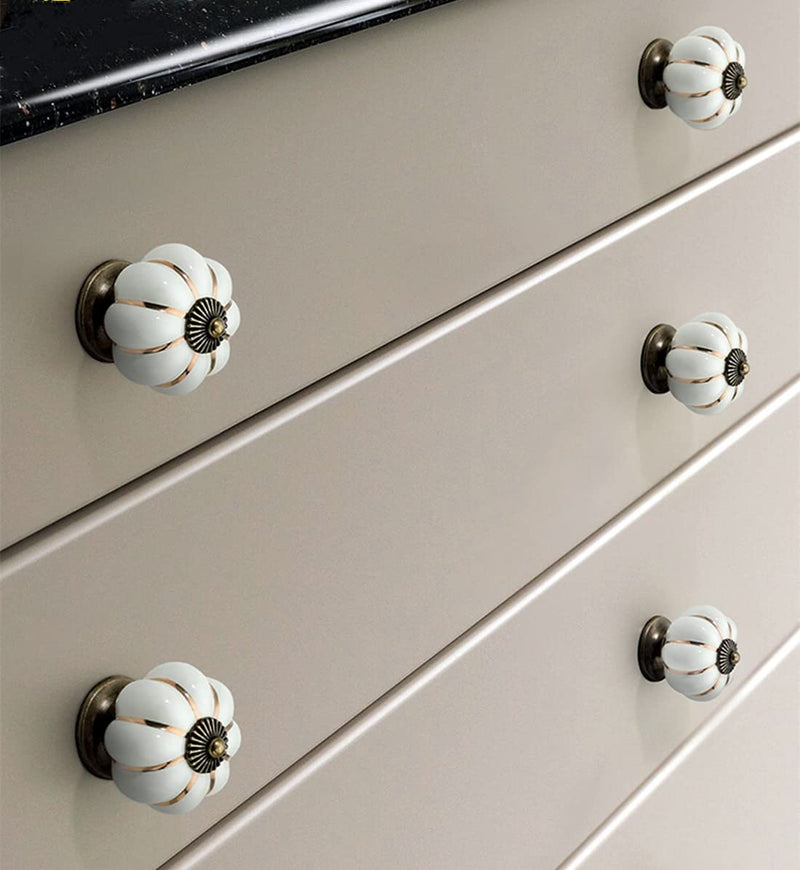 10 Pcs Vintage Ceramic Pumpkin Cabinet Knobs, Kitchen Cabinet Drawers Dresser Cupboard Pull Handles Door Pulls with 3 Kinds of Screws(White)