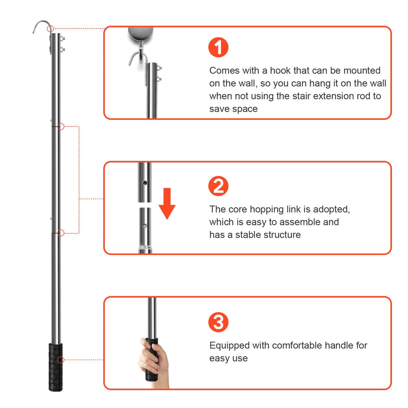 Complete Ladder Pull Down System Kit, Attic Stair Pull Kit, Includes 1 Attic Extension Rod up to 40 Inches and 1 Storage Hook.