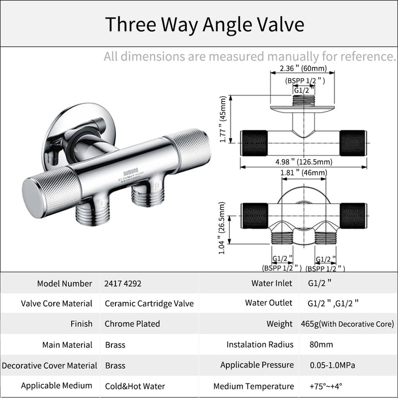 Brass Chrome-Plated Water Angle Valve G1/2" Wall Connection×G1/2" Outlets Combination Valve with Backflow Preventer for Toilet, Basin, Kitchen