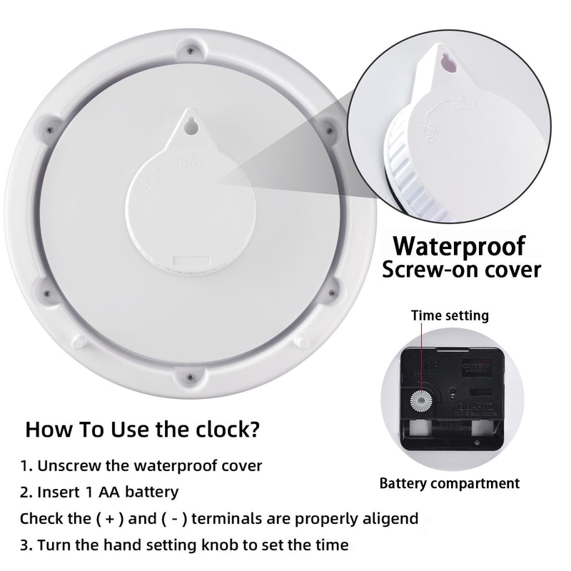 Caysie 10 Inch Sealed Indoor Outdoor Clock Waterproof, Silent Battery Operated Weatherproof Wall Clocks for Pool Patio Outside Home (White) 10" White