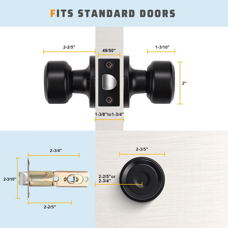 KNOBWELL 3 Pack Black Passage Door Knobs Interior, Classic Modern Door Knob Interior Door Knobs Set Durable Use, Matte Black Closet Door Knobs
