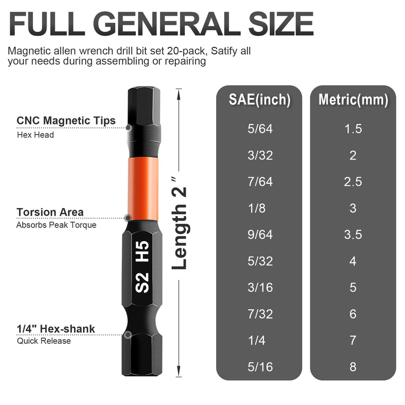 20PCS Premium Hex Bit Set, Impact Hex Head Allen Wrench Drill Bit Set (Metric&SAE), 1/4” Hex-Shank S2 Alloy Steel Key Drill Bit Set with Magnetism, CNC Machined Tips, 2" Long with Storage Box