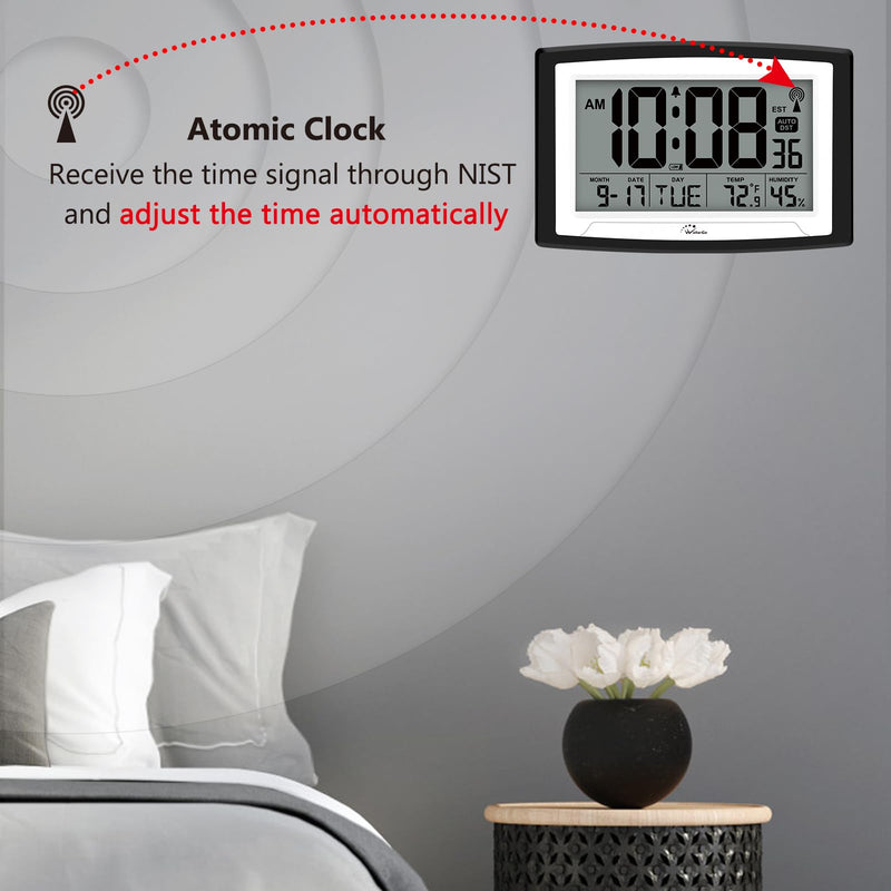 WallarGe Atomic Clock with Indoor Temperature and Humidity, 12.5 Inch Self-Setting Digital Wall Clock or Desk Clock, Battery Operated Digital Clock Large Display for Seniors, Auto DST 12.5 inches