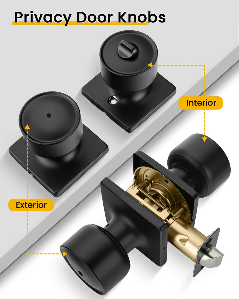 Goldenwarm Matte Black Door Knobs Interior, 8 Pack Privacy