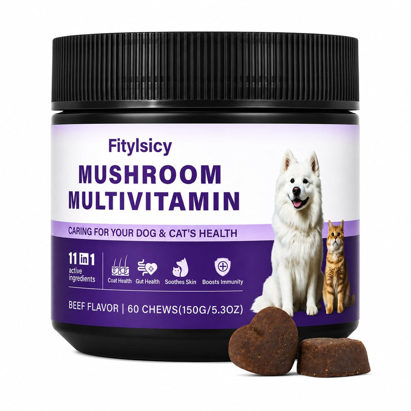 Mushroom Supplement for Dogs & Cats, 11-in-1 Pet Multivitamin Soft Chews, 13 Organic Mushrooms with Glucosamine, Chondroitin, MSM & Omega-3, Immune, Gut, Joint, Skin & Coat Support, Beef, 60 Count