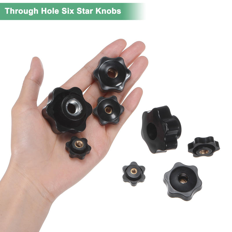 4-Pack 6 Star Knobs, M10 Female Thread 48mm Hexagon Head Through Hole Clamping Grip Handles for Machinery/Electronic/Woodworking, Steel Screw-On Threaded Knob [Black] 4