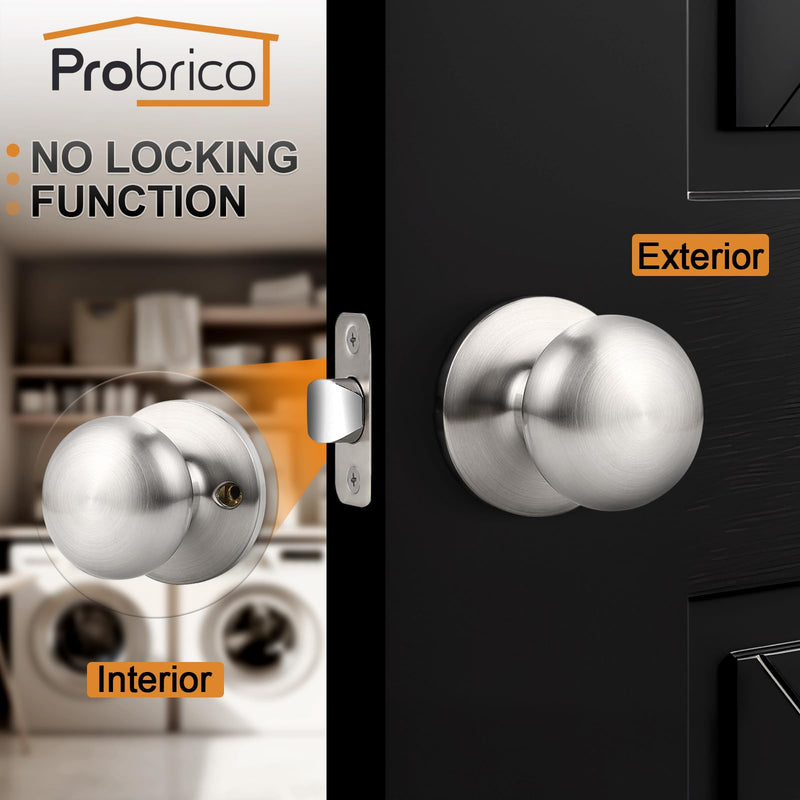 Probrico Door Knobs Interior, Passage 2 Pack, Brushed Nickel Interior Door Handles Keyless, Round Ball Knob for French Closet Hallway, Universible Lever, Solid Adjustable Latch