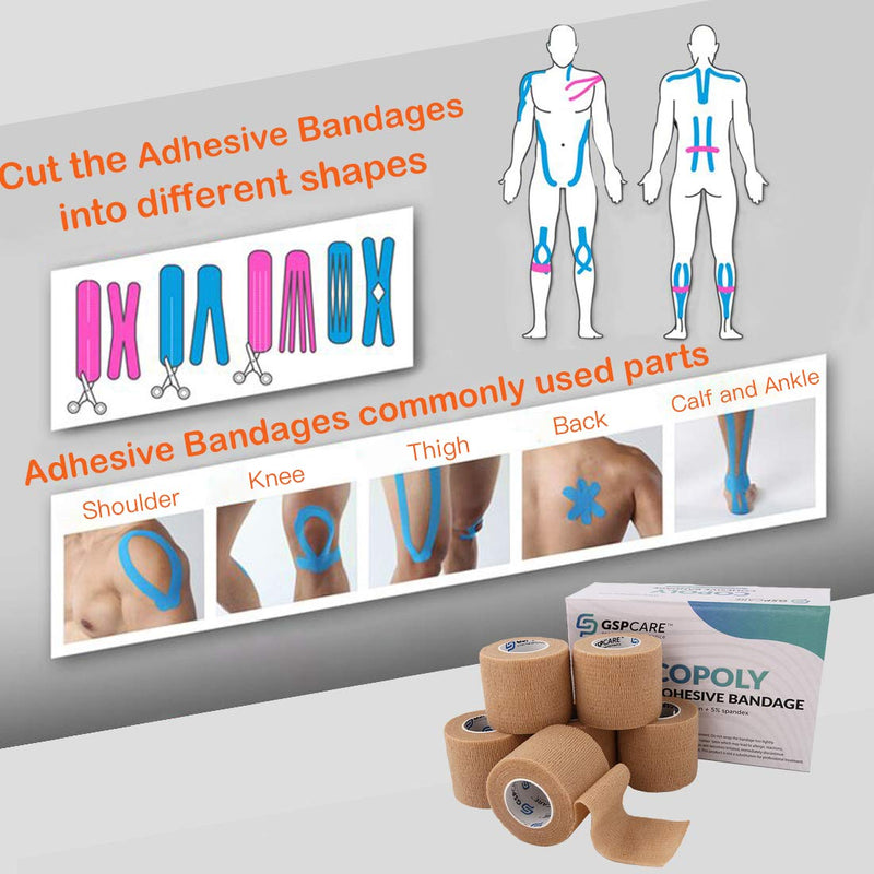 Self Adherent Cohesive Bandages Wrap 6 Count 2" x 5 Yards, Medical Tape, Adhesive Flexible Breathable First Aid Non Woven Rolls, Stretch Athletic, Ankle Sprains & Swelling, Sports Beige 6 Count (Pack of 1)