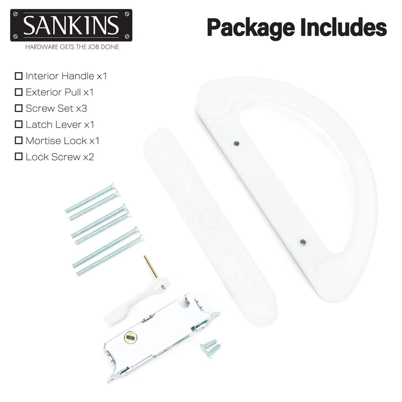 Sliding Patio Door Handle Pull Set with Mortise Lock, Full Replacement White Diecast Non-Keyed Gate Handle Set for Sliding Glass Door, Fits 3-15/16” Hole Spacing Handle Set+Mortise Lock