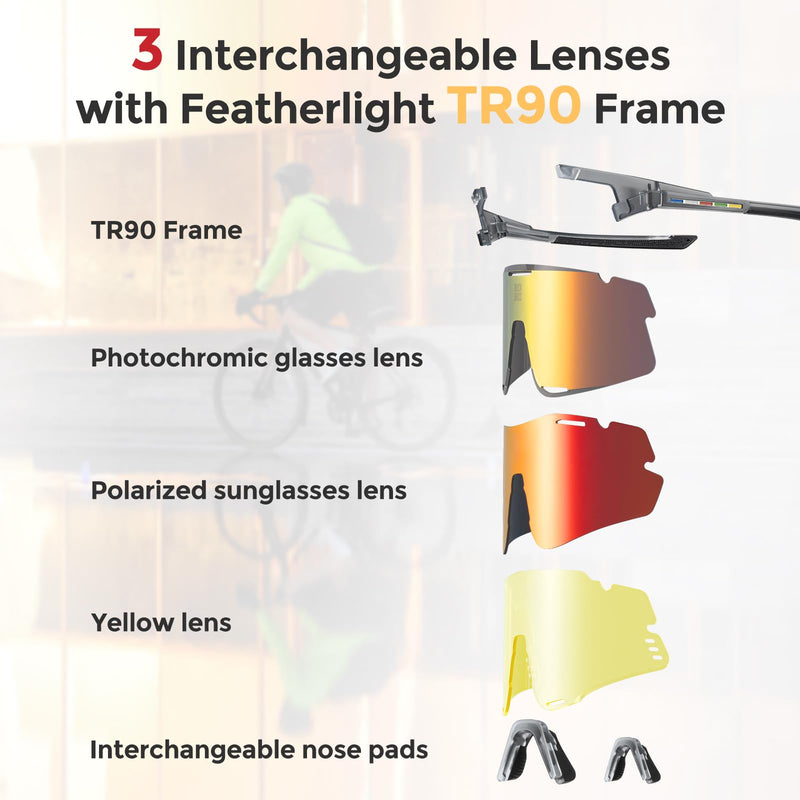 ROCKBROS Performance Cycling Glasses with 3 Interchangeable REVO Lenses, Photochromic, Polarized and Yellow White+pink