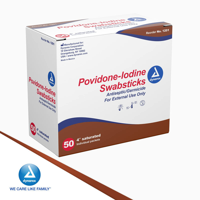 Dynarex Povidone Iodine Swabsticks, Swabstick Packaged in Individual Foil Pack, Antiseptic for Skin Preparation, Brown, 1 Box of 50 Povidone Iodine Swabsticks Unflavored 50 Count (Pack of 1)