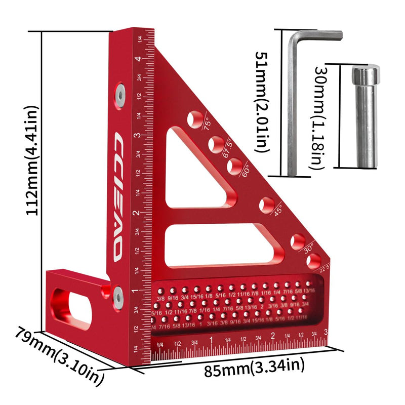 3D Carpenter Square with Degrees Scriber, 22.5-90 Degree Drawing Line Ruler with Pin, Precision Square for Woodworking, Construction, Craftsmen and DIY (Inch) Inch
