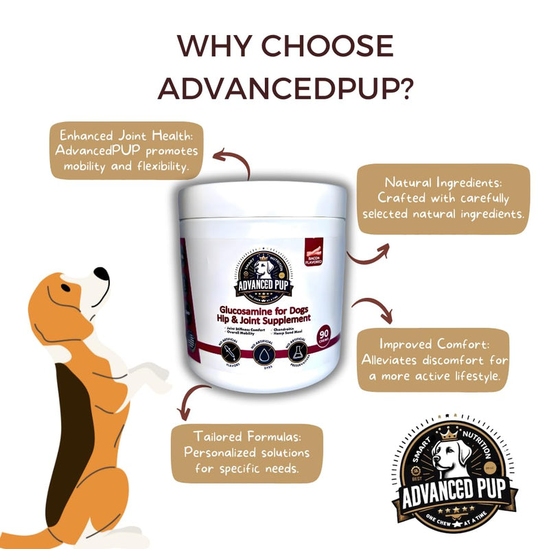 AdvancedPUP Dog Hip and Joint Supplement - Glucosamine for Dogs - Dog Hip & Joint Care with Chondroitin, MSM, & Turmeric for Dog Joint Relief - Regain Dog Mobility with Natural Tasty Bacon - 90 CT - PawsPlanet Australia