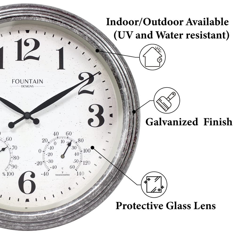 18 Inch Outdoor Clocks for Patio Large Waterproof with Thermometer, Large Wall Clock with Temperature and Humidity Combo,Weatherproof for Pool Decor,Galvanized Finish Galvanized 18 inch