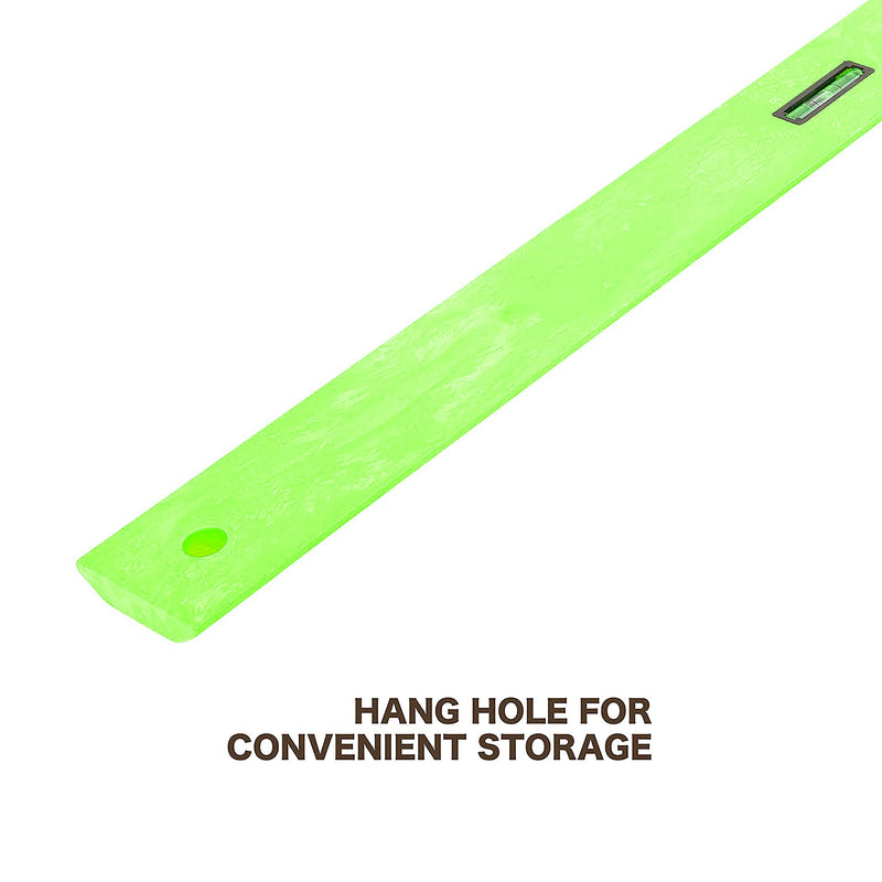 Mayes 10743 Polystyrene Level Rule, 24 Inch Leveler Tool, Straight Edge, Easy to Read Center Finding Measurements, With Plumb and Level Vials, Green Standard