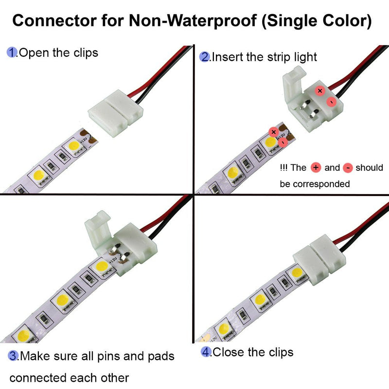 2Pin 8mm LED Strip Connector Kit Include L Shape 2 Pin Right Angle Corner Connector, T Shape Connector, Solderless Gapless Connector, Strip to Strip Jumper Wires for 2Pin 8mm 3528/2835 LED Strip