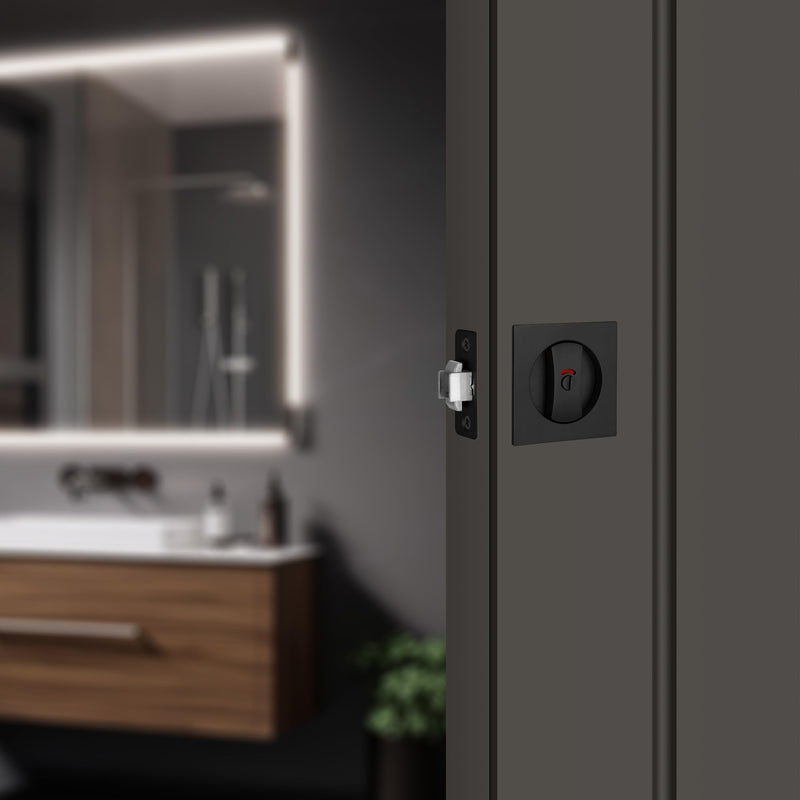 Malimali Pocket Door Lock, Matte Black Pocket Door Hardware Square Door Lock with Red-Green Indicators for Privacy Sliding Door Bifold Door Locks and Pulls Handles Privacy (Indicator) -Square