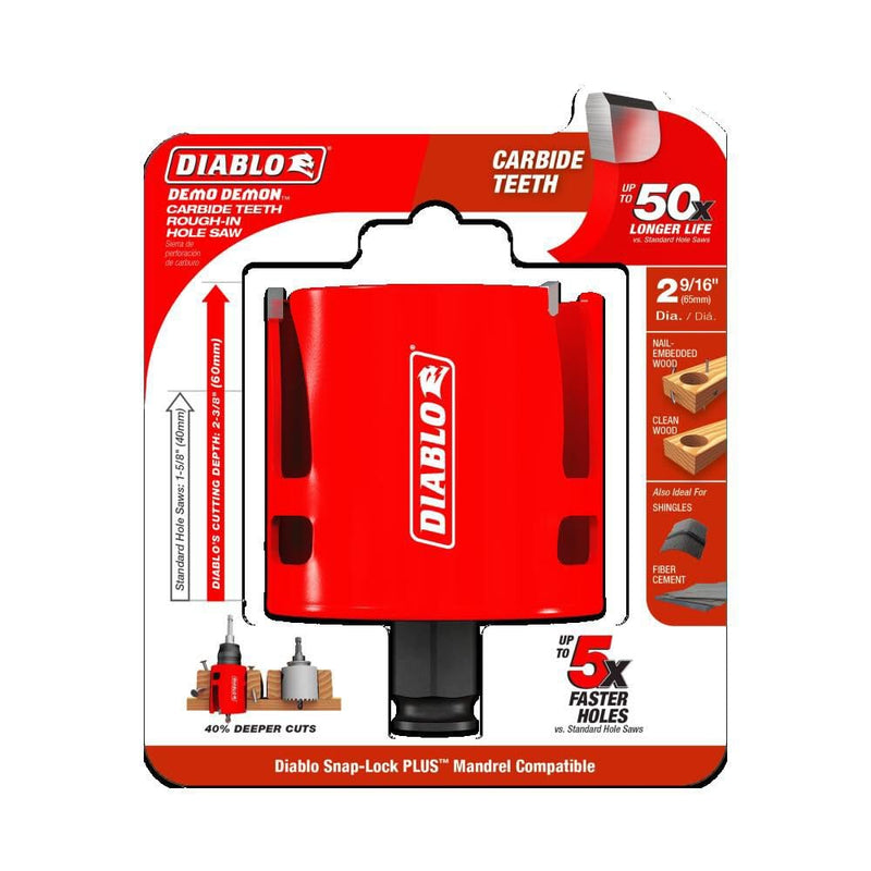 Diablo Demo Demon Carbide Teeth Rough-in Hole Saw - Compatible with SnapLock Plus Mandrel System - 2-9/16" Diameter, 2-3/8" Length - DHS2563CTR One Size