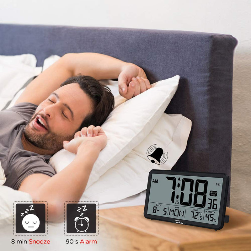 WallarGe Auto Set Digital Wall Clock Battery Operated, Desk Clocks with Temperature, Humidity and Date, Large Display Digital Calendar Alarm Clock for Elderly, Bedroom, Office, 8 Time Zone, Auto DST. Black