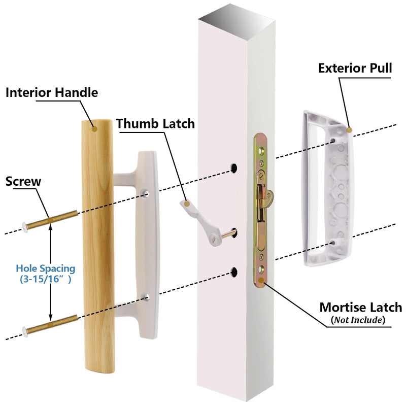 Sliding Glass Patio Door Handle Replacement Set with Oak Wood Inside Handles and Zinc Diecast Outside Pull, 3-15/16" Hole Spacing, Non-Handed, White White Handles Only