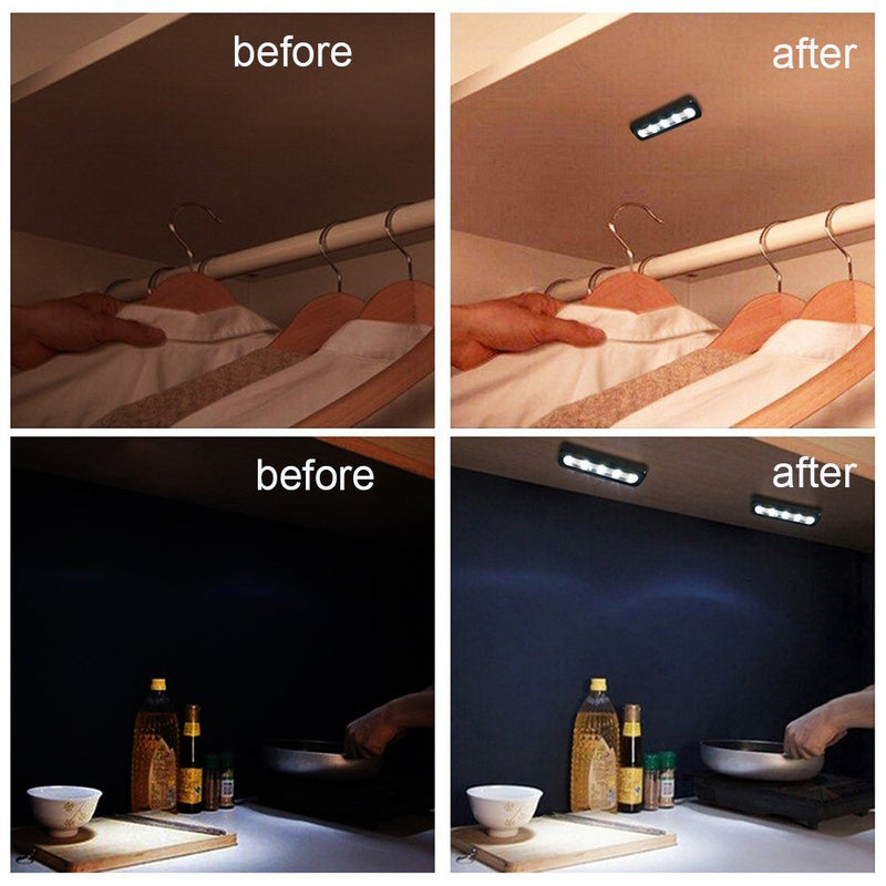 Onerbuy 4 Pack Battery Powered LED Touch Light DIY Stick-on Anywhere 5-LED Touch Tap Light Push Night Lamp for Closets, Cabinets, Cupboard, Hallway, Stairs,Garages, Car (Black)
