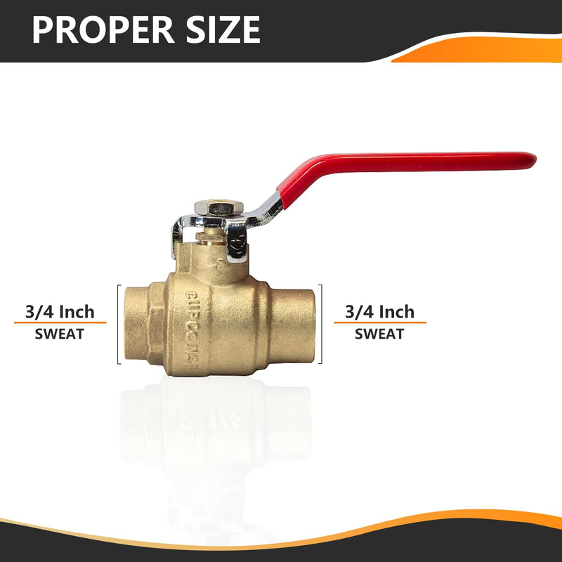 2-Pack 3/4 Inch Sweat Ball Valve, Brass Full Port Shut-off Valve,3/4" SWT x 3/4" SWT, 600 WOG (Water, Oil and Gas),Red 3/4 INCH,2 PACK SWEAT,RED