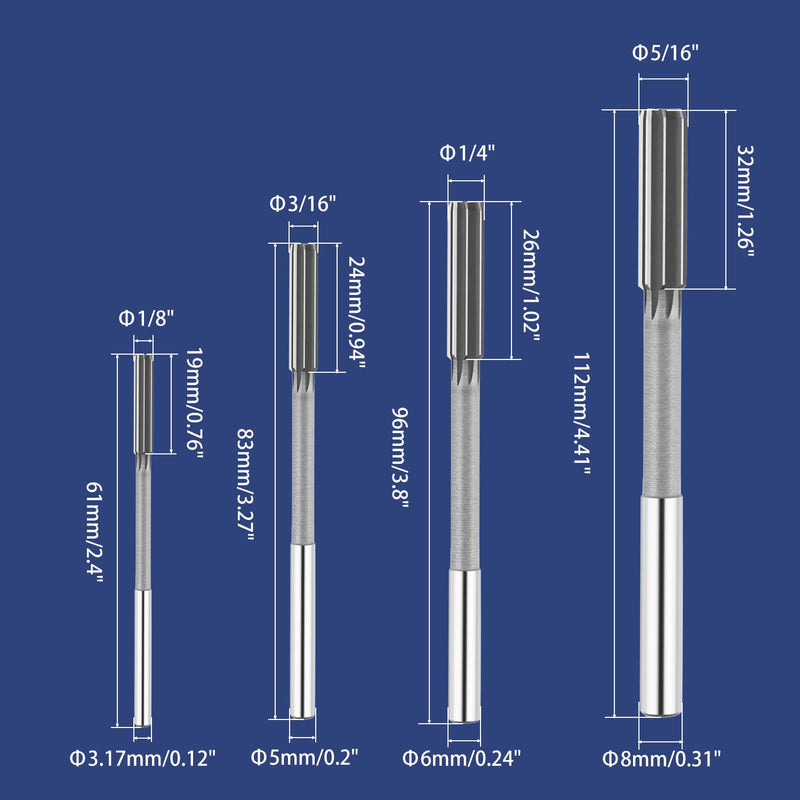 Chucking Reamer Set, 1/8" 3/16" 1/4" 5/16" Reamer, H7 Straight Flutes Lathe Machine Reamer, High Speed Steel Round Shank Milling Cutting Tool Reamer for Bore Machining 4pcs
