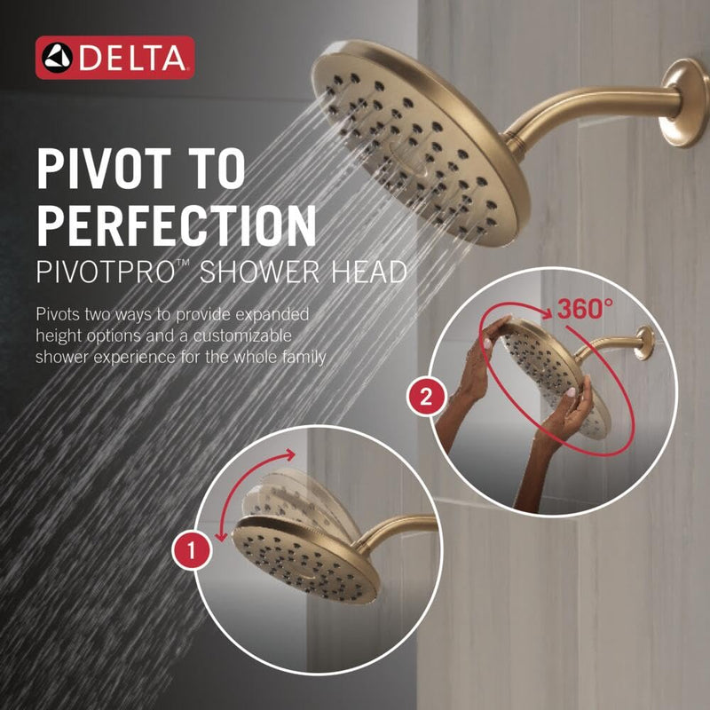 Delta PivotPro Brushed Gold Rain Showerhead, Single Setting 7 Inch Round Shower Head, Showerheads, 1.75 GPM Flow Rate, Champagne Bronze 75104CZ Metallic Spray Face