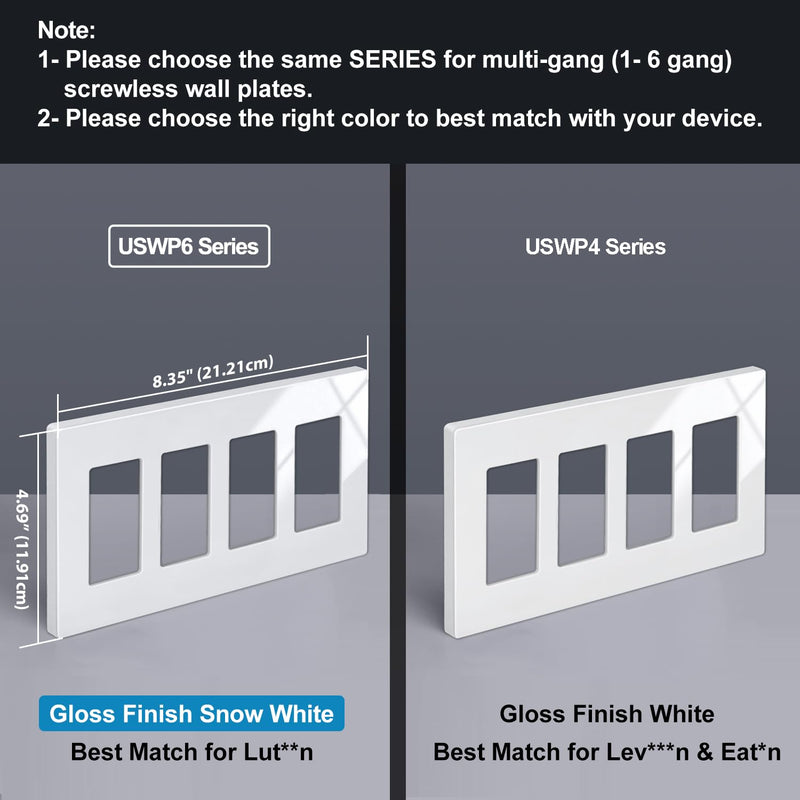 BESTTEN 5 Pack 4-Gang Screwless Decorative Wall Plate, Decorator Outlet Cover, USWP6 Snow White Series, H4.69” x L8.35”, for Light Switch, Dimmer, GFCI, USB Receptacle 4 Gang 5PK Gloss Snow White
