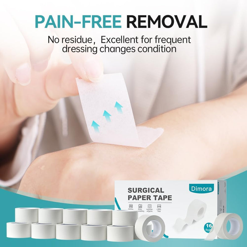 Dimora Paper Medical Tape 16 Rolls- Hypoallergenic White Surgical Tape for Sensitive Skin，Breathable First Aid Wound Tape with Pain-Free Removal，Secures Dressing and Medical Devices -1" x 10 Yards White-Paper Tape 16 Rolls