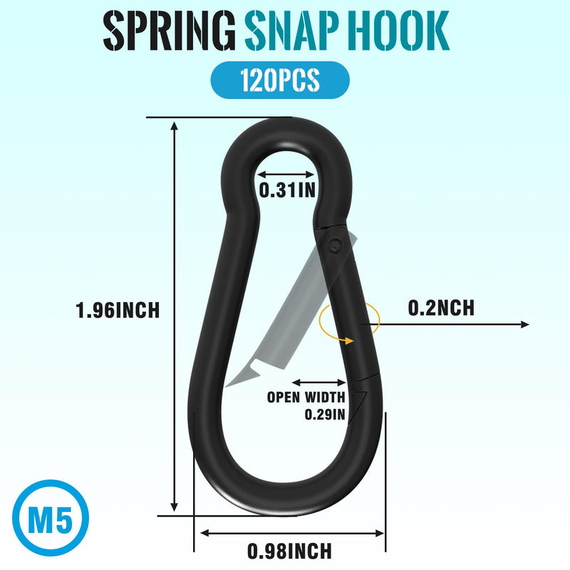 Spring Snap Hook Carabiner, M5/M8/M10 Black Heavy Duty Carabiner Clip, Quick Link Keychain Hook for Outdoor Camping, Swing Hammock, Gym M5 (1.96Inch)-120pcs